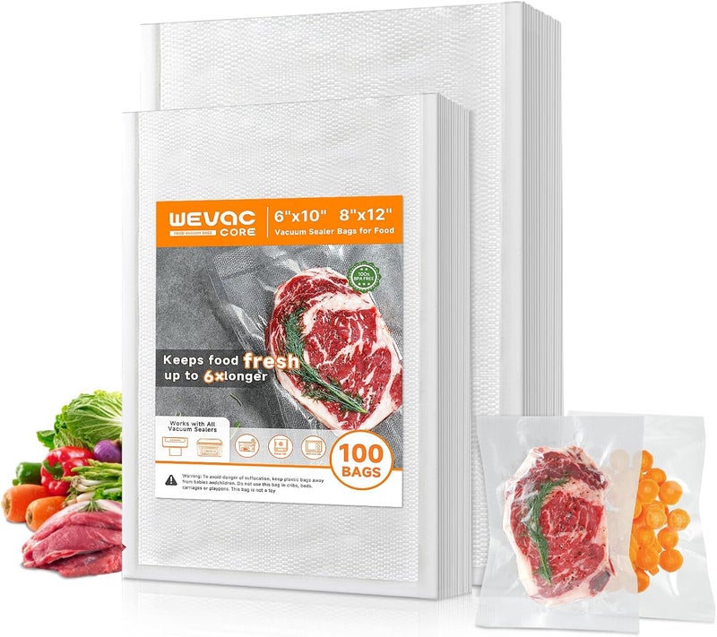 Wevac Vacuum Sealer Bags – 100 Count (6″×10″ & 8″×12″), Heavy-Duty BPA-Free Food Storage Bags, Puncture-Resistant, Freezer & Sous Vide Safe, Compatible with All Vacuum Sealers - Image 1